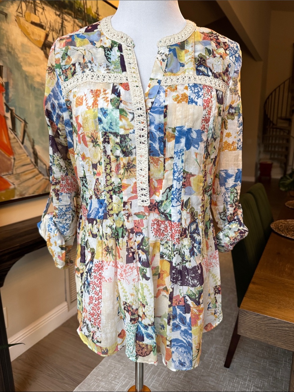 Anthropologie -Maeve Multicolor Floral Patchwork Crochet-Trim Tunic - Cream Base